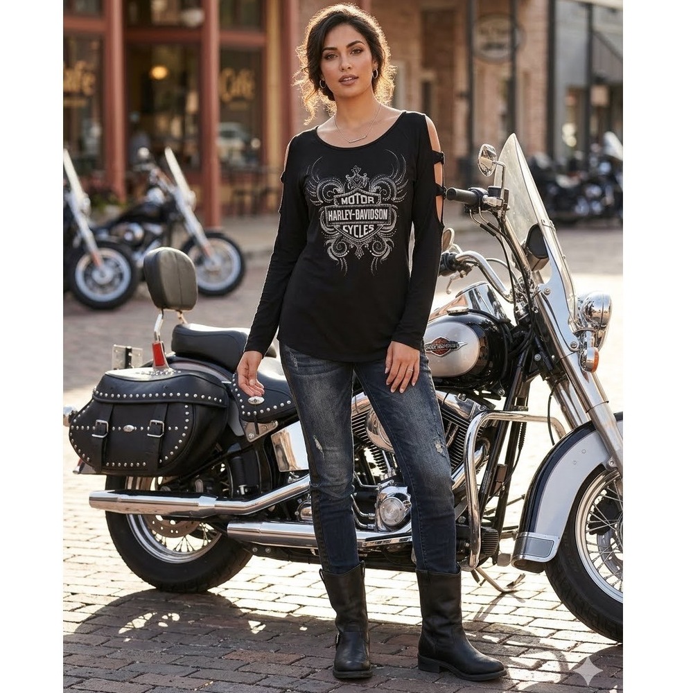 Harley-Davidson Womens Rhinestone Cold Shoulder Long Sleeve Top Black Large
